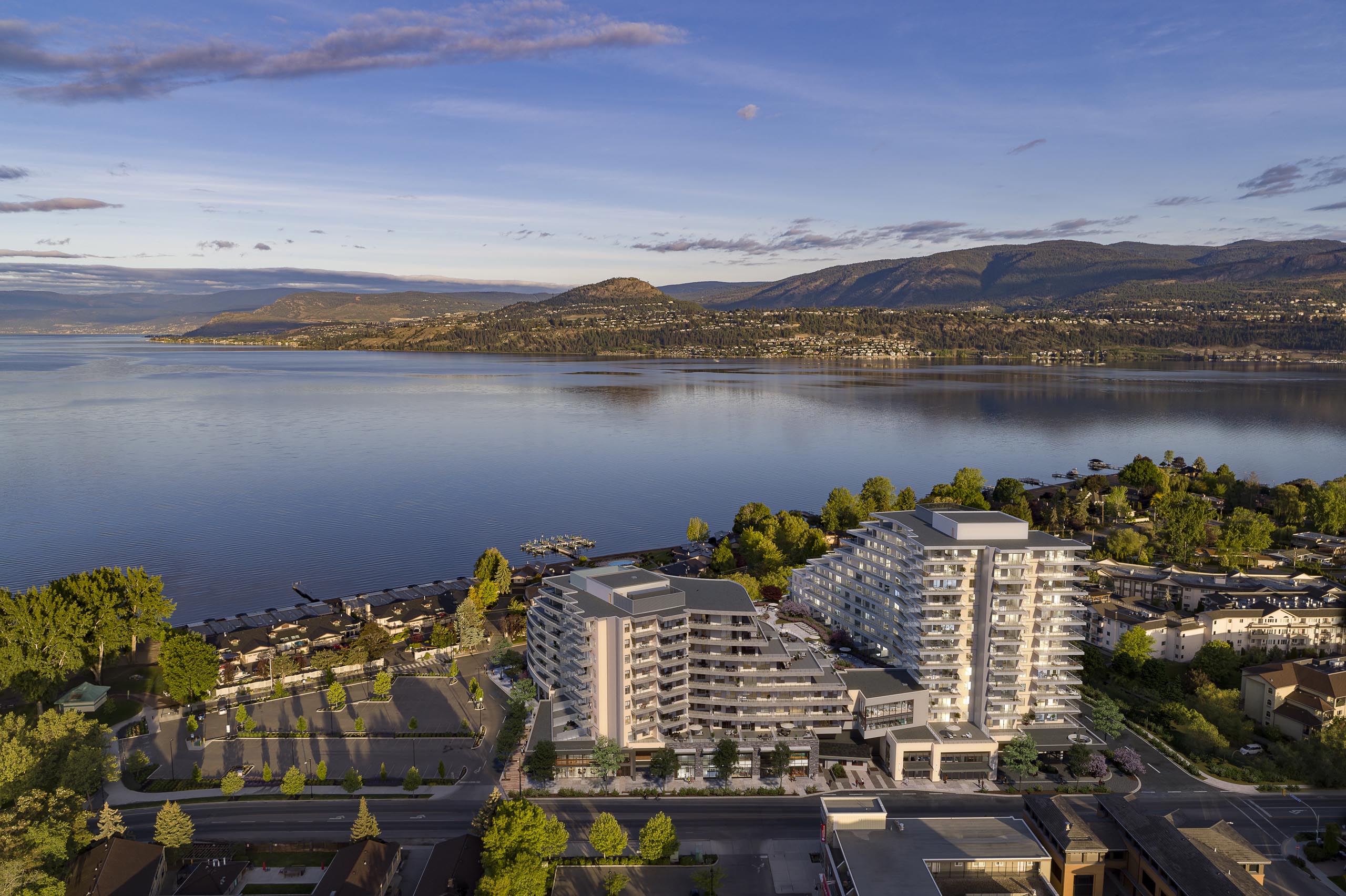 Aerial rendering of Movala condos for sale in Kelowna, British Columbia in the Pandosy Lakeshore area.